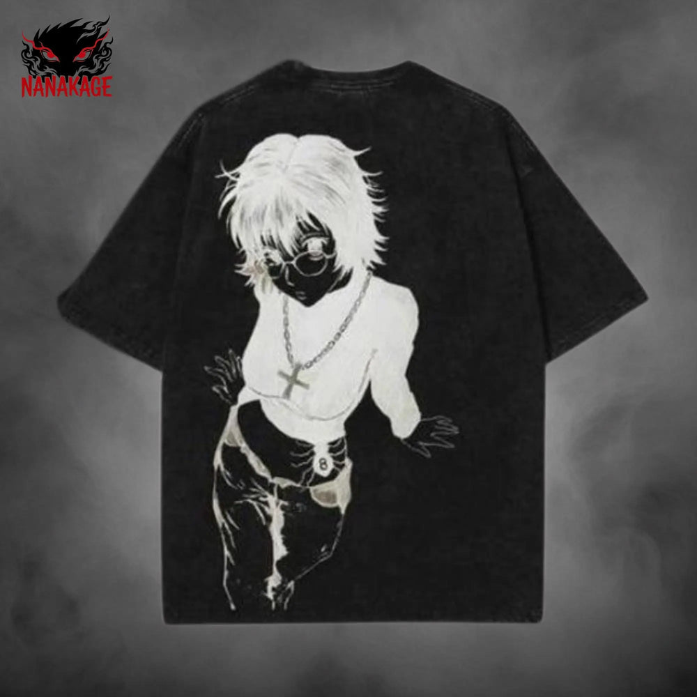 Black acid-wash oversized t-shirt with Hunter X Hunter anime graphic print.