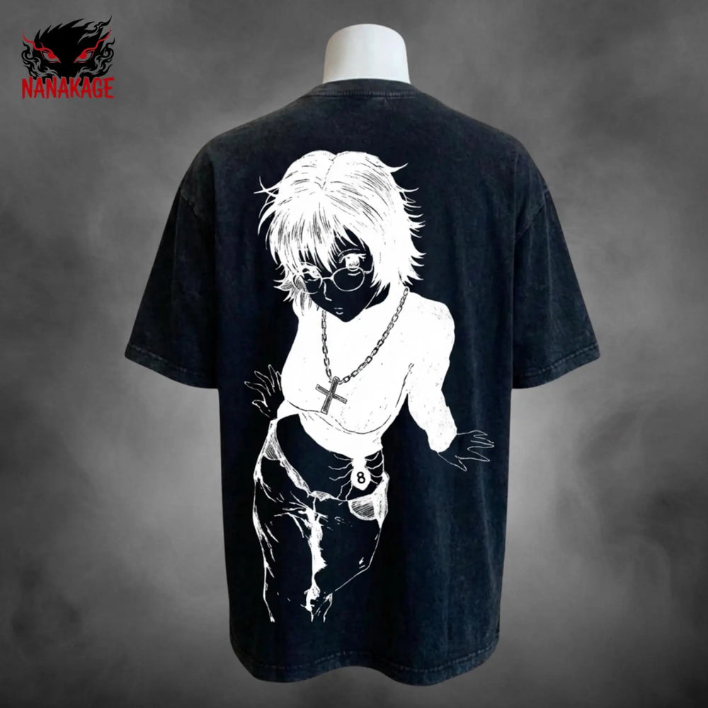 Gray acid-wash oversized t-shirt with Hunter X Hunter anime graphic print.