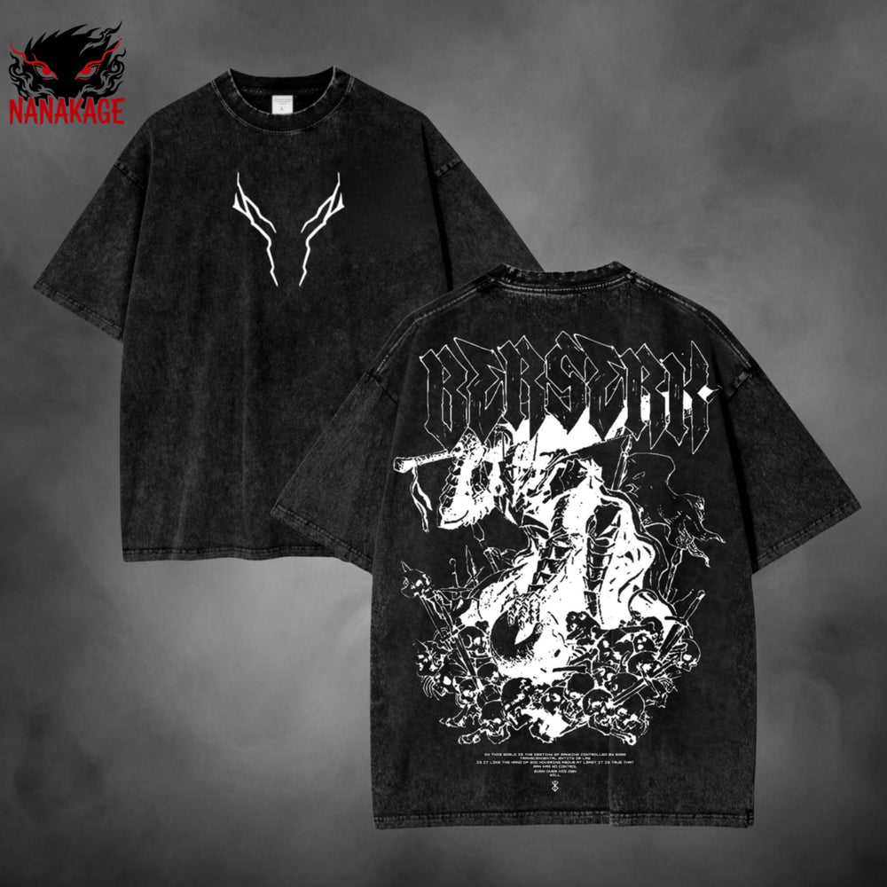 Brown acid-wash oversized t-shirt with Black Swordsman dark fantasy manga graphic print.