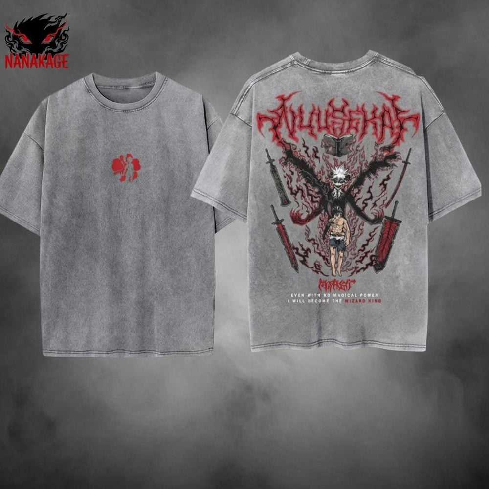 Brown acid-wash oversized t-shirt with Asta anime graphic print.