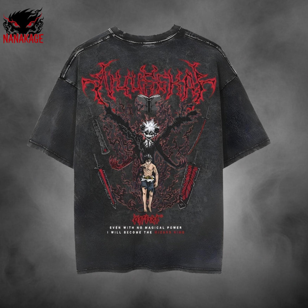 Black acid-wash oversized t-shirt with Asta anime graphic print.