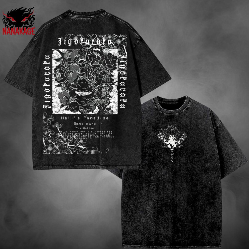 Gray acid-wash oversized t-shirt with Hell's Paradise anime graphic print.