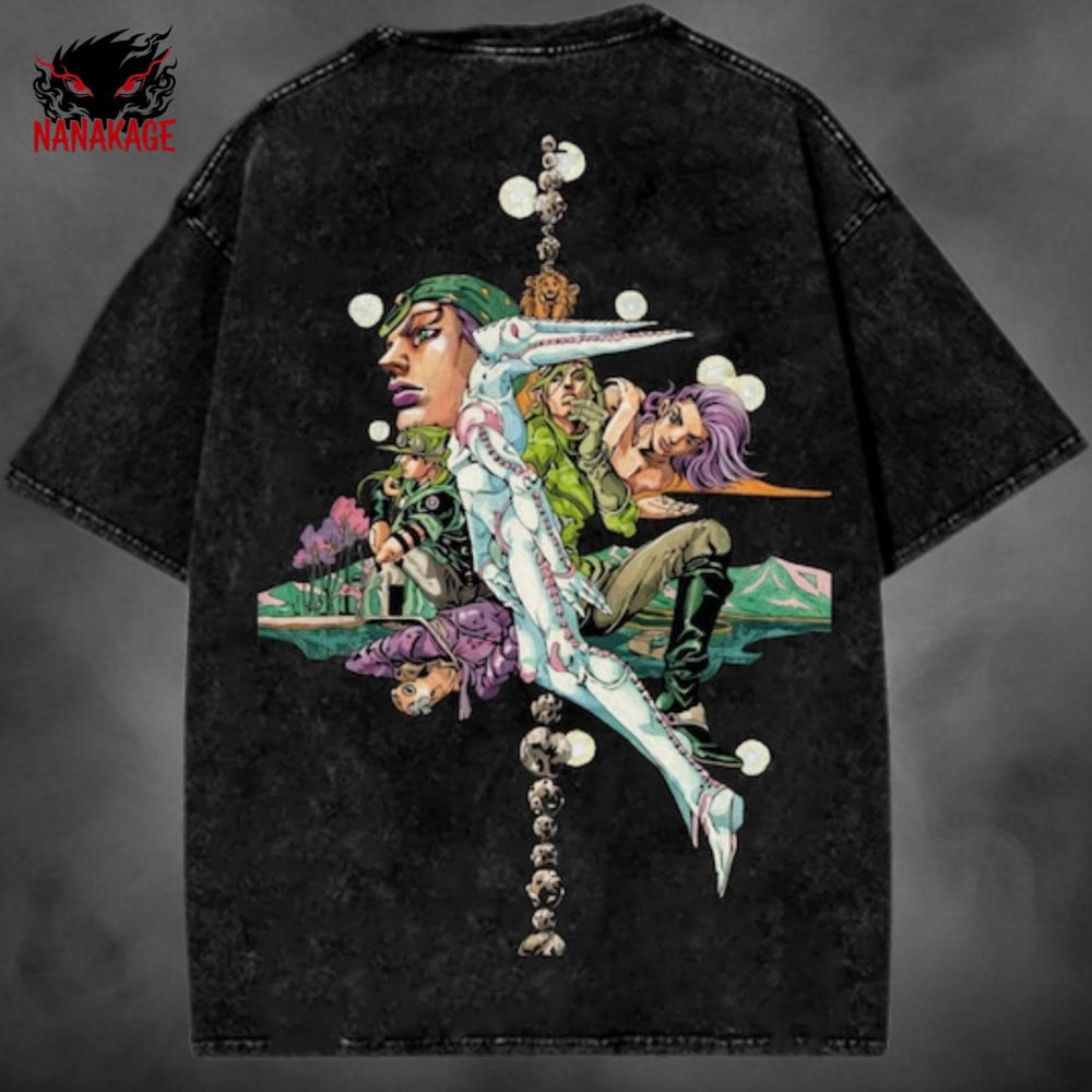 Black acid-wash oversized t-shirt with Gyro Zeppeli anime graphic print.