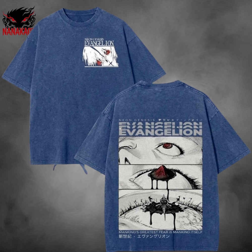 Gray acid-wash oversized t-shirt with Rei Ayanami mecha anime graphic print.