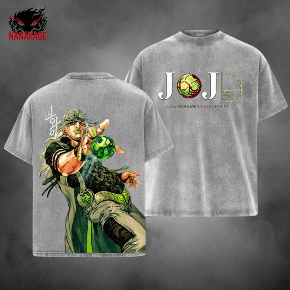 Black acid-wash oversized t-shirt with Gyro Zeppeli anime graphic print.