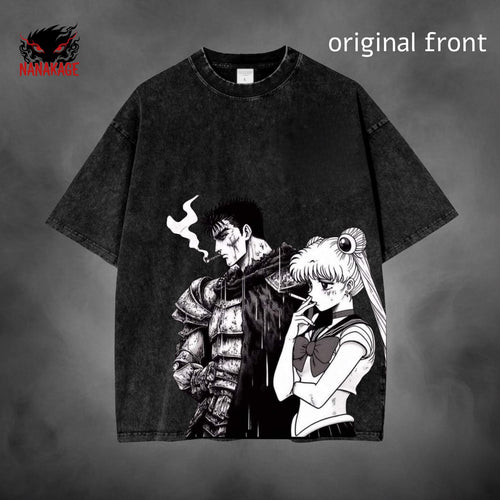 Gray acid-wash oversized t-shirt with Guts X Usagi anime graphic print.