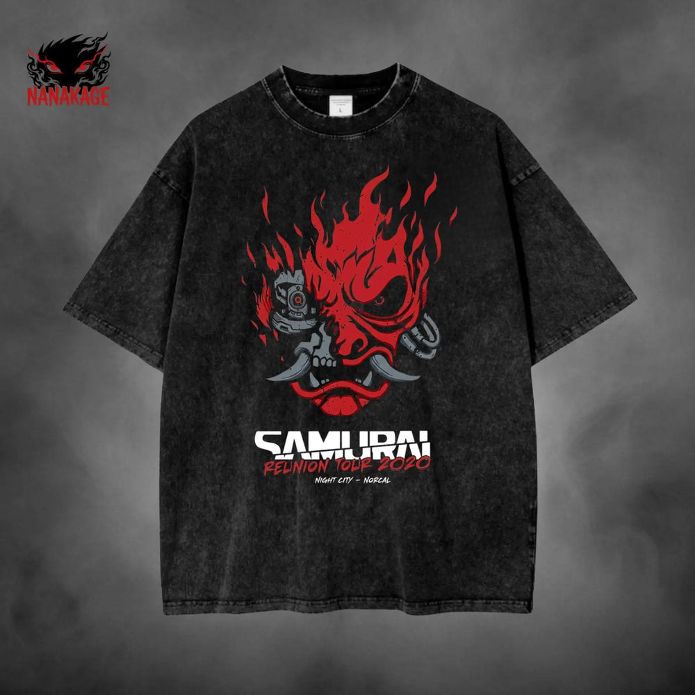 Black acid-wash oversized t-shirt with Phantom Liberty cyberpunk game graphic print.