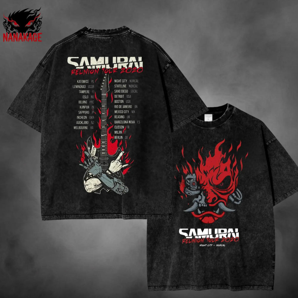 Black acid-wash oversized t-shirt with Phantom Liberty cyberpunk game graphic print.