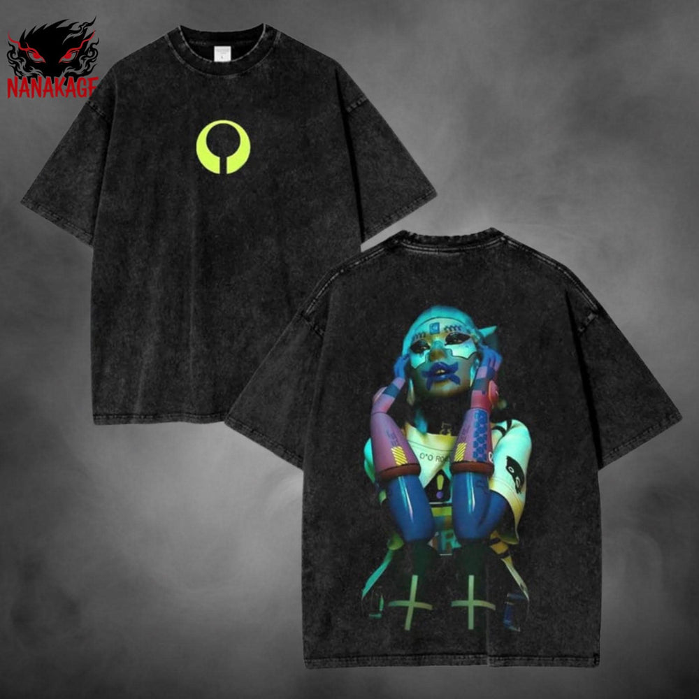 Black acid-wash oversized t-shirt with Marathon video game graphic print.