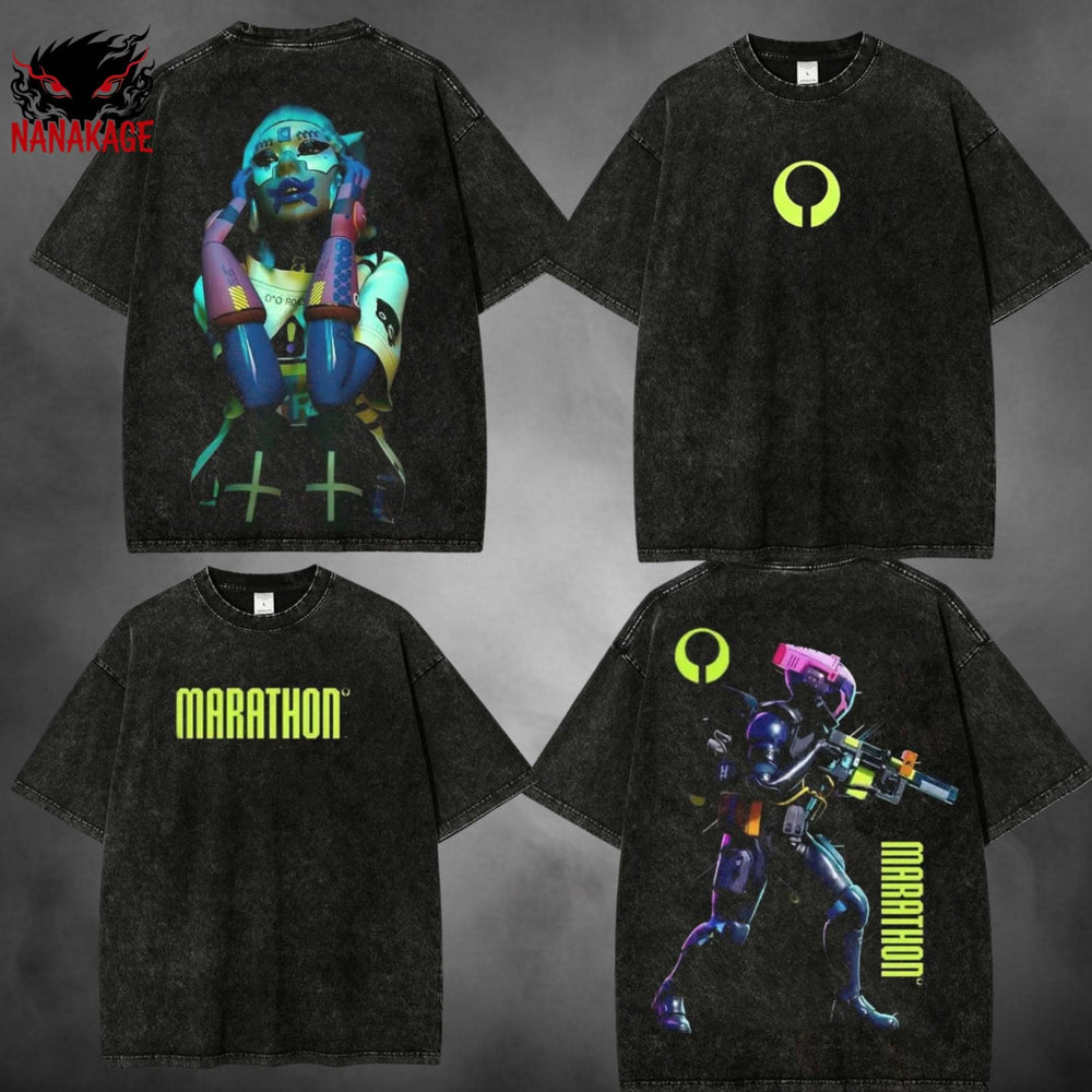 Gray acid-wash oversized t-shirt with Marathon video game graphic print.