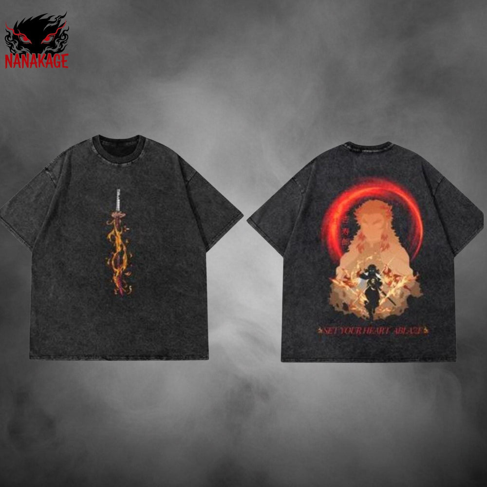 White acid-wash oversized t-shirt with Flame Hashira anime graphic print.