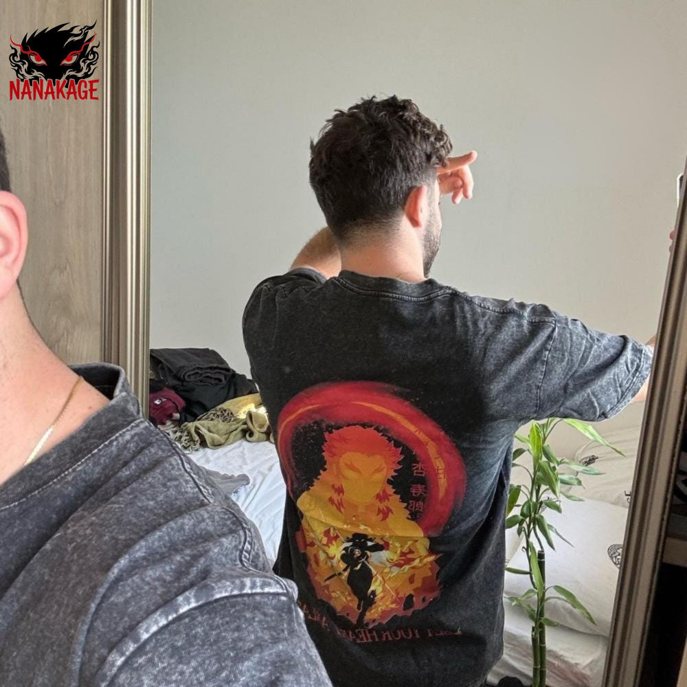 Black acid-wash oversized t-shirt with Flame Hashira anime graphic print.