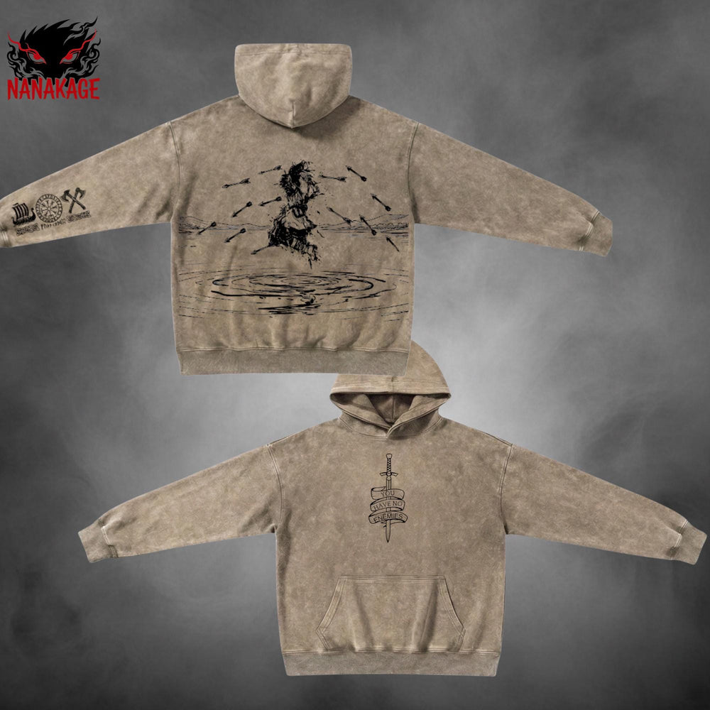 Gray acid-wash oversized pullover hoodie with Thorfinn anime graphic print.