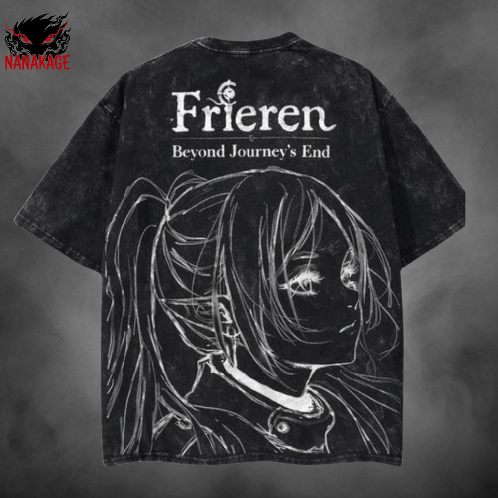 Gray acid-wash oversized t-shirt with Frieren anime graphic print.