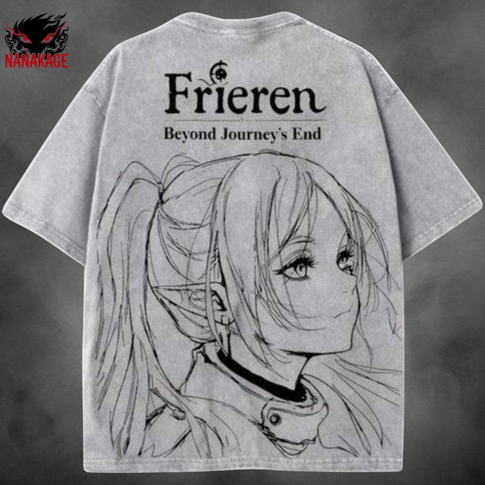 Black acid-wash oversized t-shirt with Frieren anime graphic print.