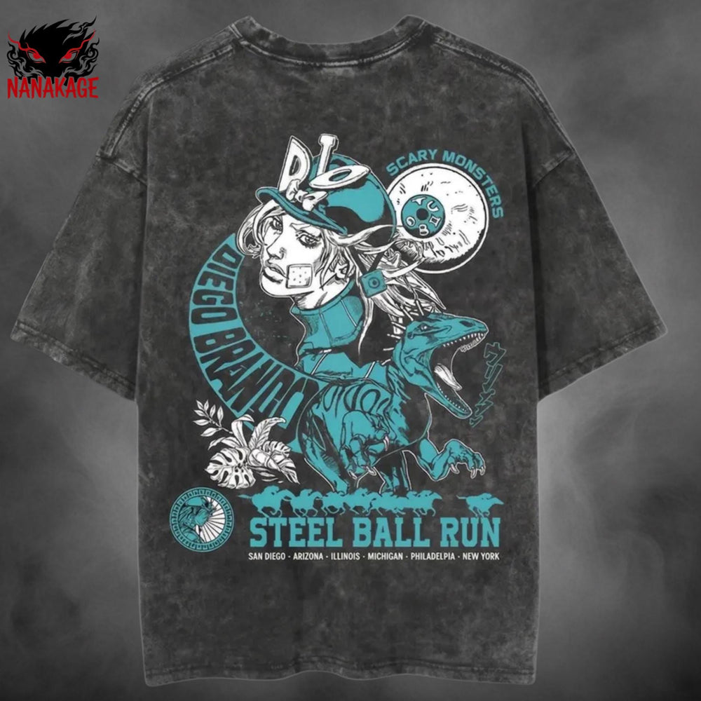 Gray acid-wash oversized t-shirt with Diego Brando anime graphic print.