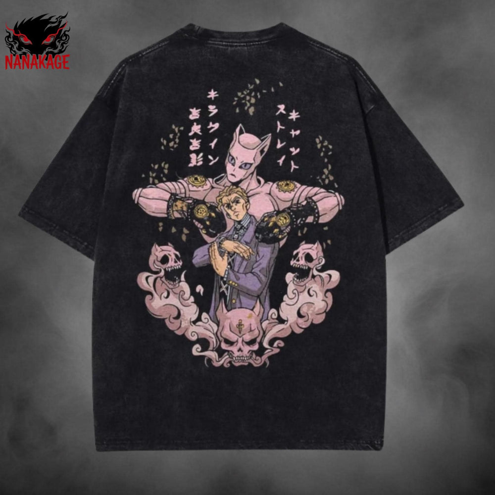 Gray acid-wash oversized t-shirt with Kira anime graphic print.