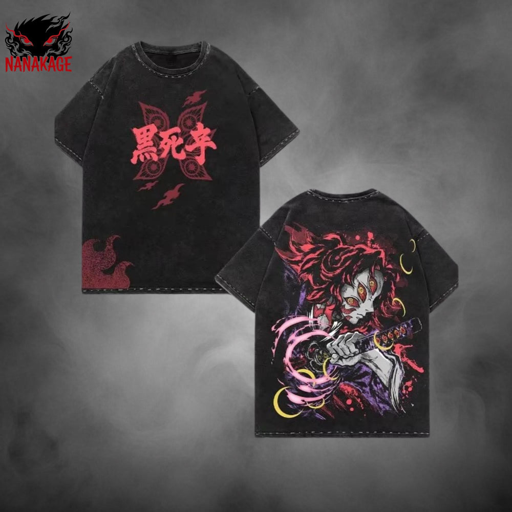 Gray acid-wash oversized t-shirt with Demon Slayer anime graphic print.