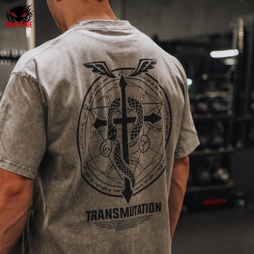 Gray acid-wash oversized t-shirt with Fullmetal Alchemist anime graphic print.
