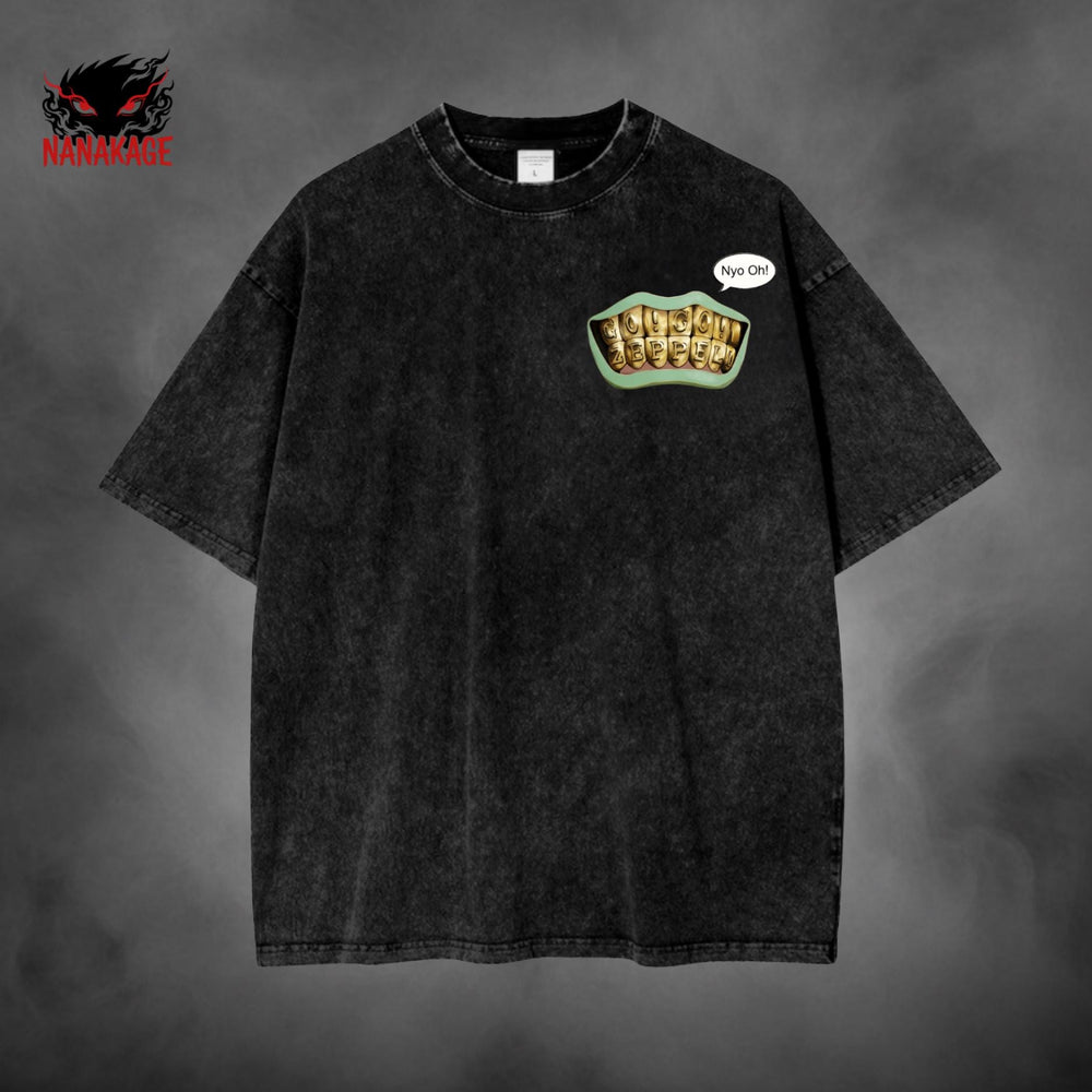 Gray acid-wash oversized t-shirt with Gyro Zeppeli anime graphic print.