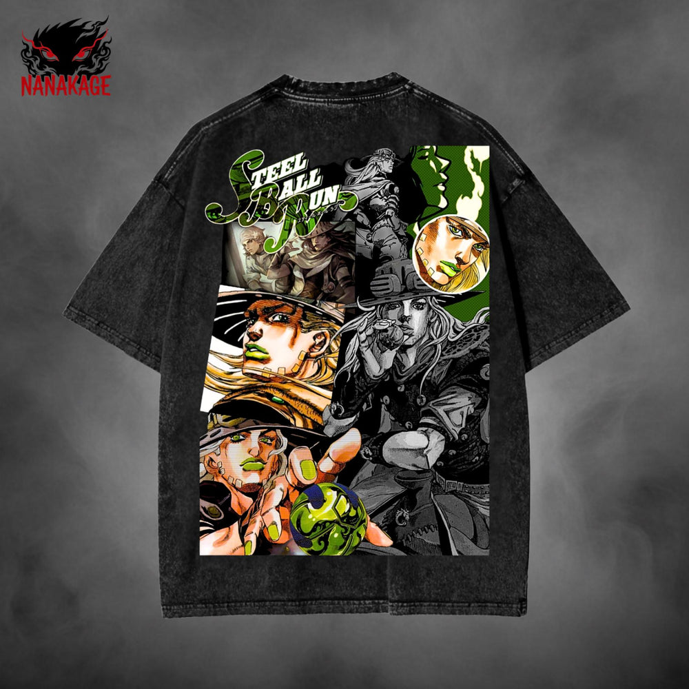 Black acid-wash oversized t-shirt with Gyro Zeppeli anime graphic print.