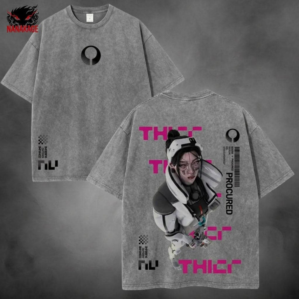 Blue acid-wash oversized t-shirt with Marathon Thief video game graphic print.