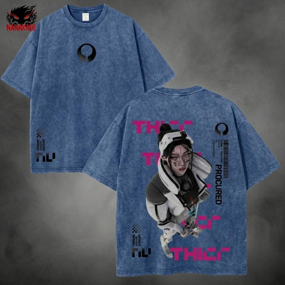 Pink acid-wash oversized t-shirt with Marathon Thief video game graphic print.