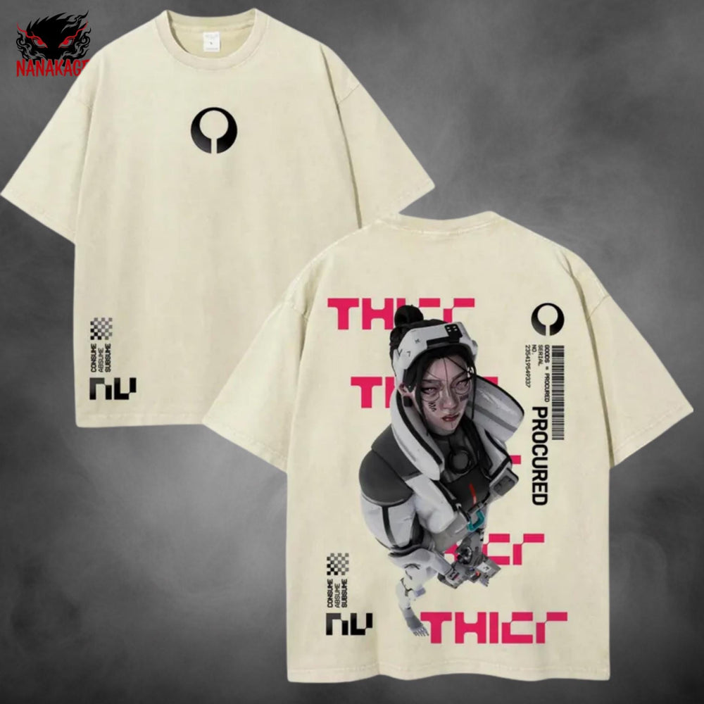 Apricot acid-wash oversized t-shirt with Marathon Thief video game graphic print.