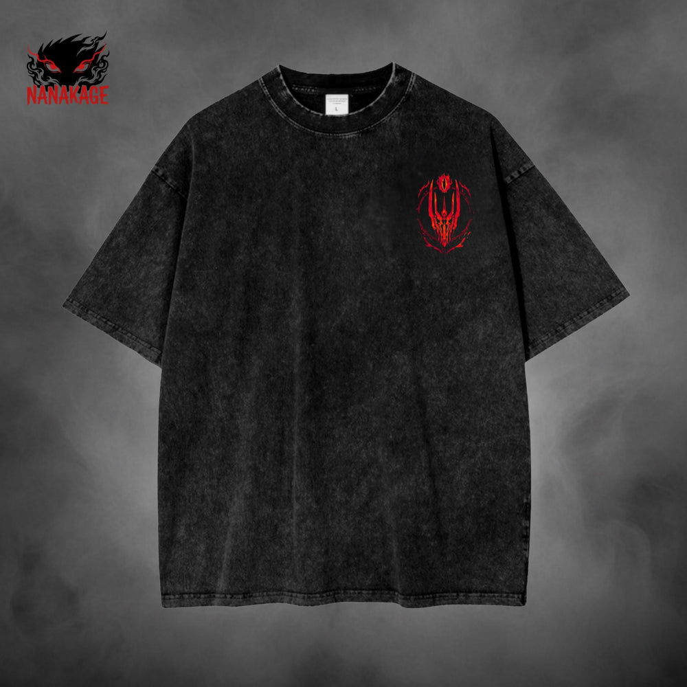 Black acid-wash oversized t-shirt with Sauron dark fantasy graphic print.