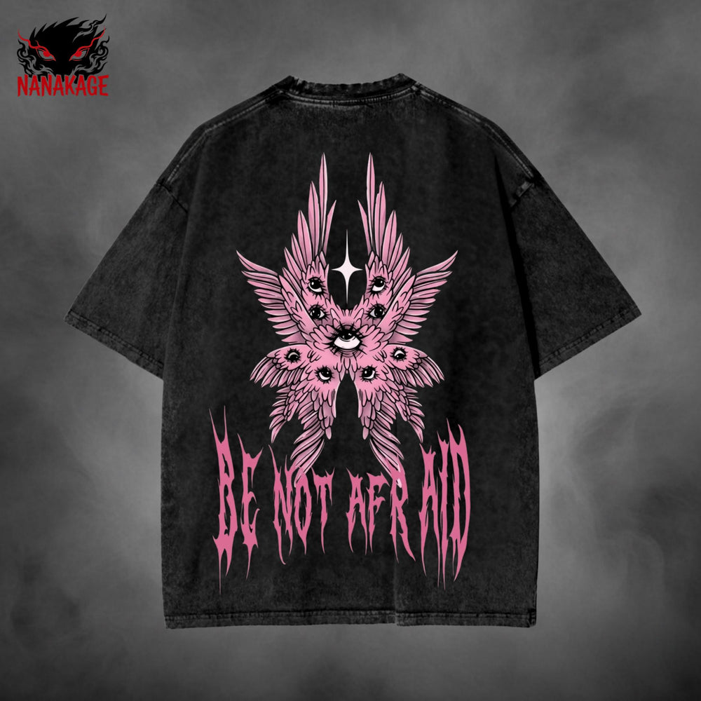 Blue acid-wash oversized t-shirt with Be Not Afraid Christian streetwear graphic print.