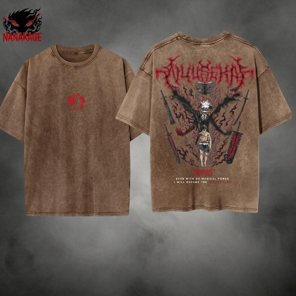 Black acid-wash oversized t-shirt with Asta anime graphic print.