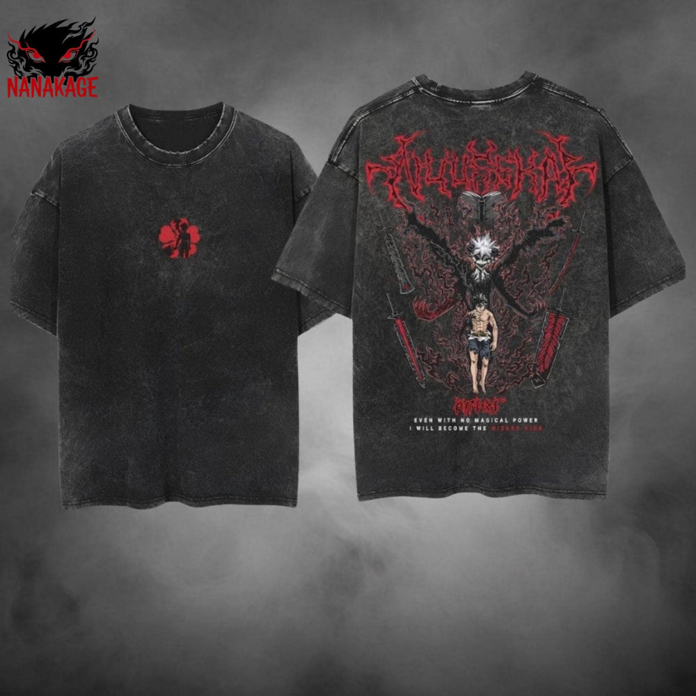 Gray acid-wash oversized t-shirt with Asta anime graphic print.