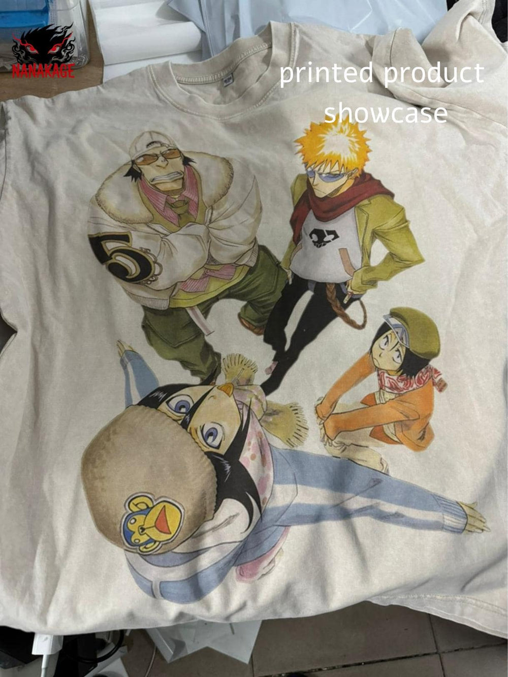 White acid-wash oversized t-shirt with Soul Society anime graphic print.