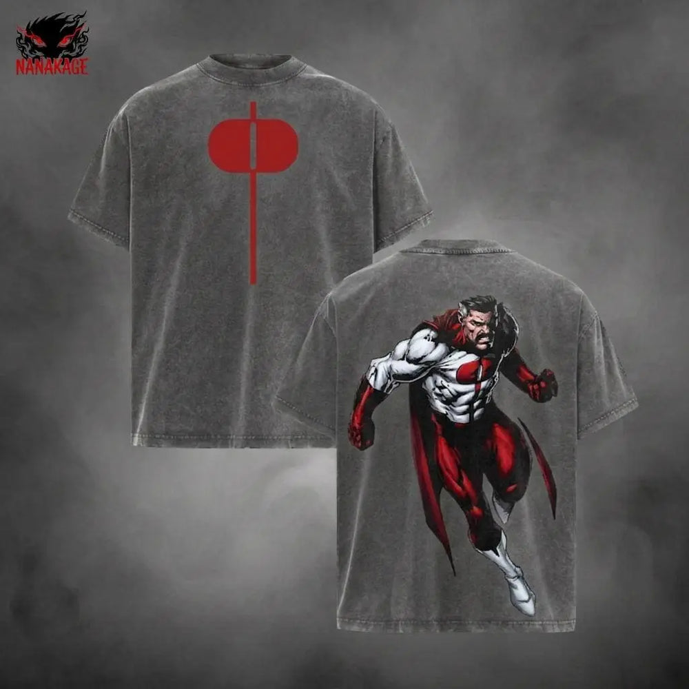 Gray acid-wash oversized t-shirt with Omni Man comic graphic print.