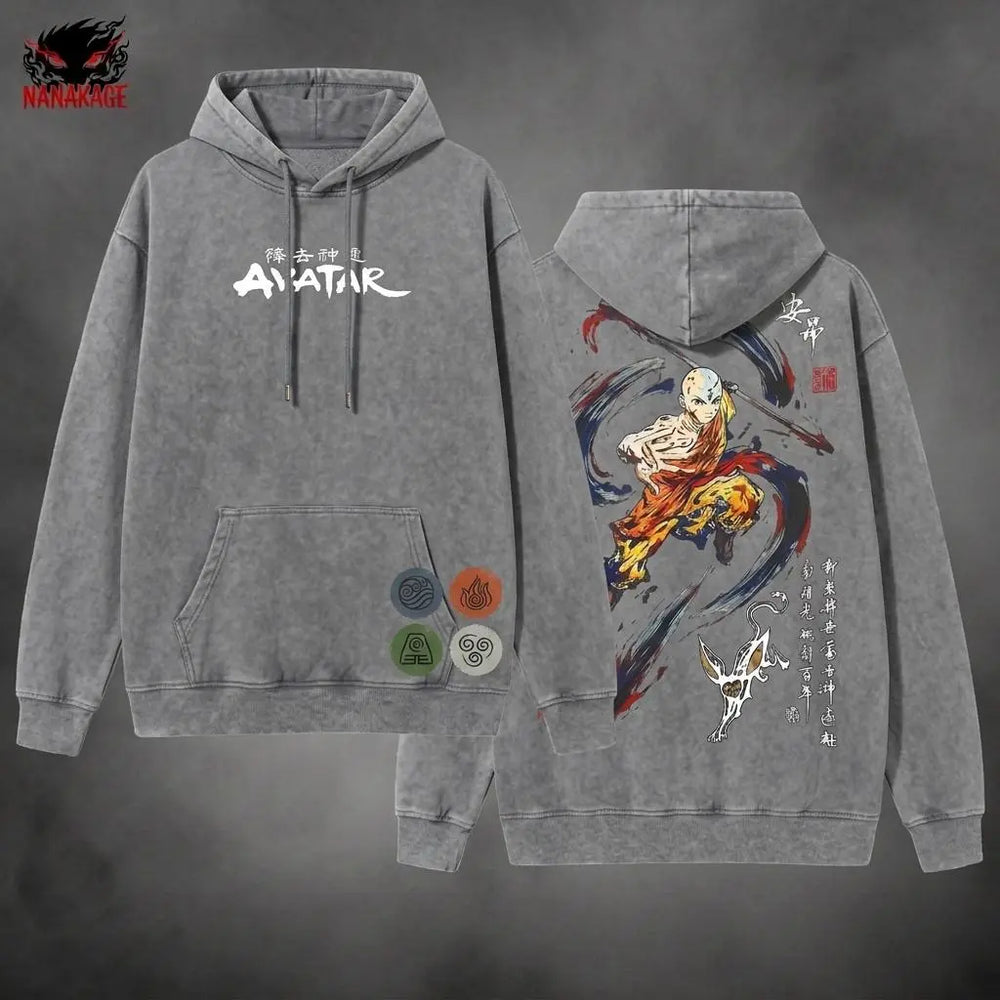 Acid-wash oversized pullover hoodie with Aang anime graphic print.