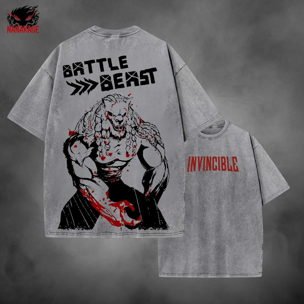 Gray acid-wash oversized t-shirt with Battle Beast comic graphic print.