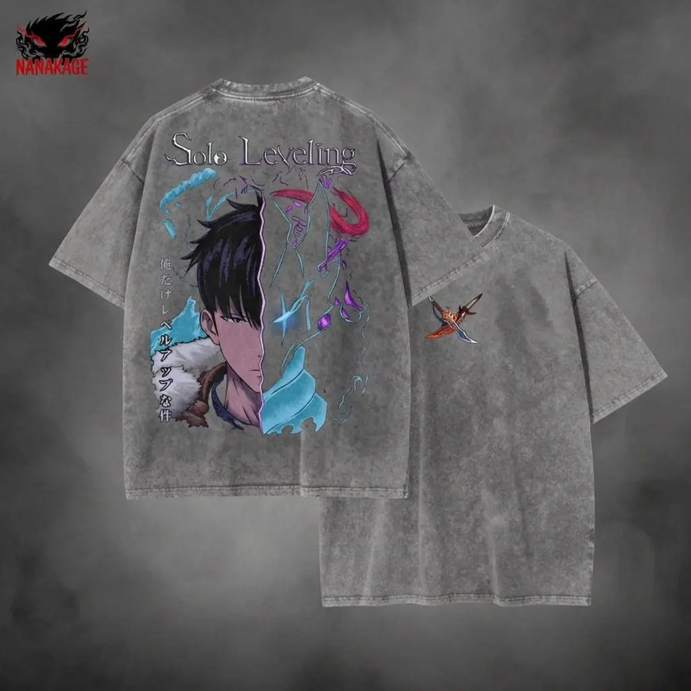 Pink acid-wash oversized t-shirt with Sung Jin Woo manhwa anime graphic print.