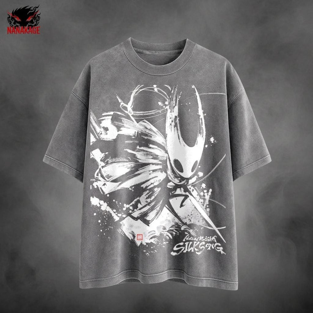 Black acid-wash oversized t-shirt with Hornet indie game graphic print.