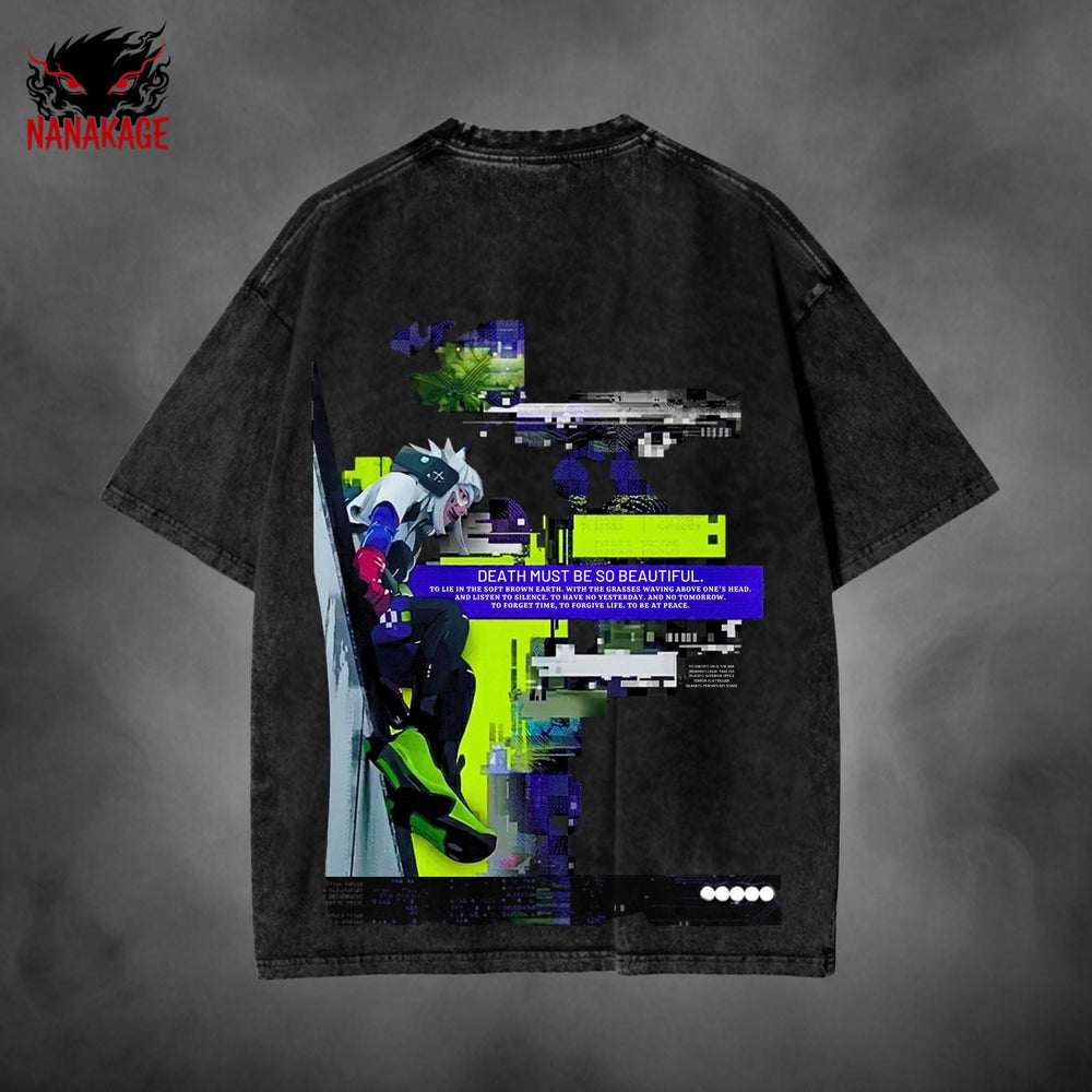 Blue acid-wash oversized t-shirt with Marathon video game graphic print.
