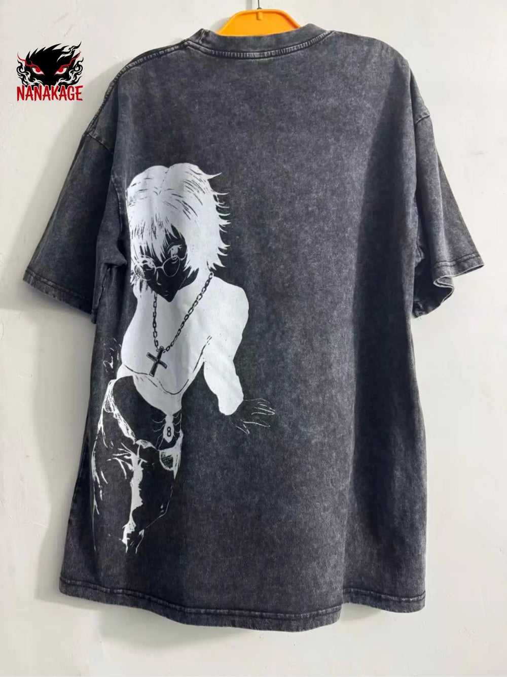 Black acid-wash oversized t-shirt with Hunter X Hunter anime graphic print.