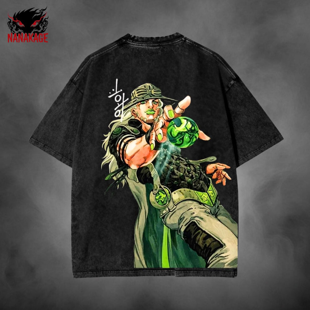 Black acid-wash oversized t-shirt with Gyro Zeppeli anime graphic print.