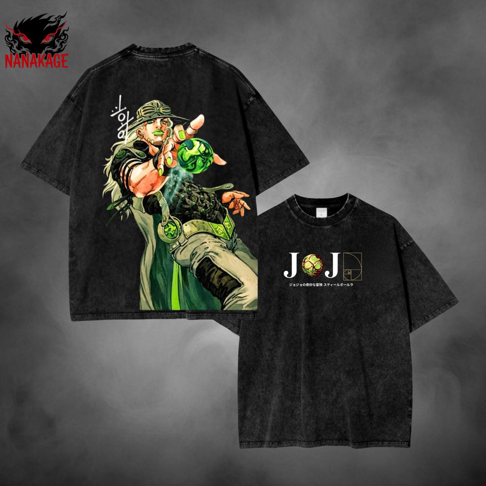 Gray acid-wash oversized t-shirt with Gyro Zeppeli anime graphic print.