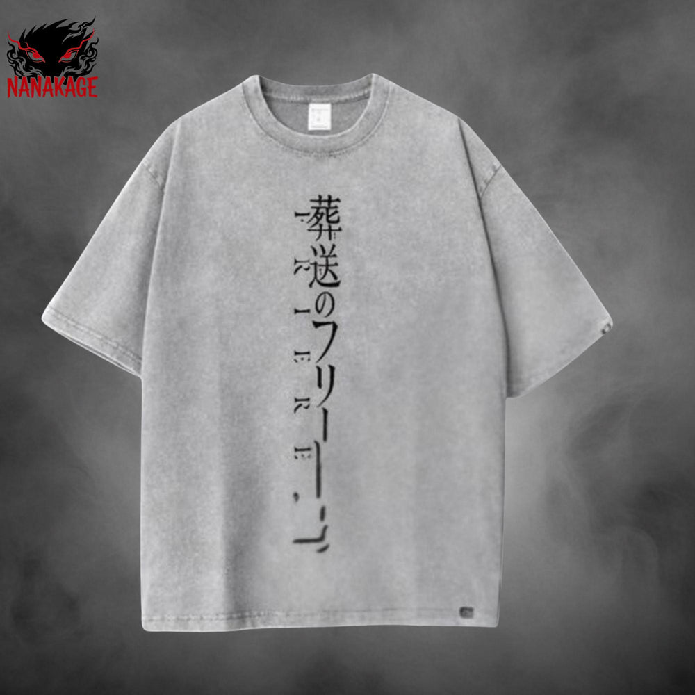 Black acid-wash oversized t-shirt with Frieren anime graphic print.