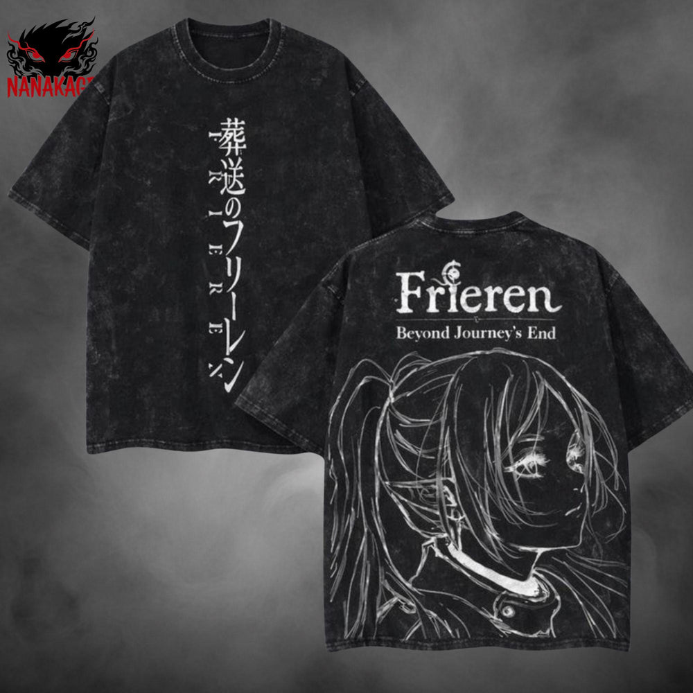 Black acid-wash oversized t-shirt with Frieren anime graphic print.