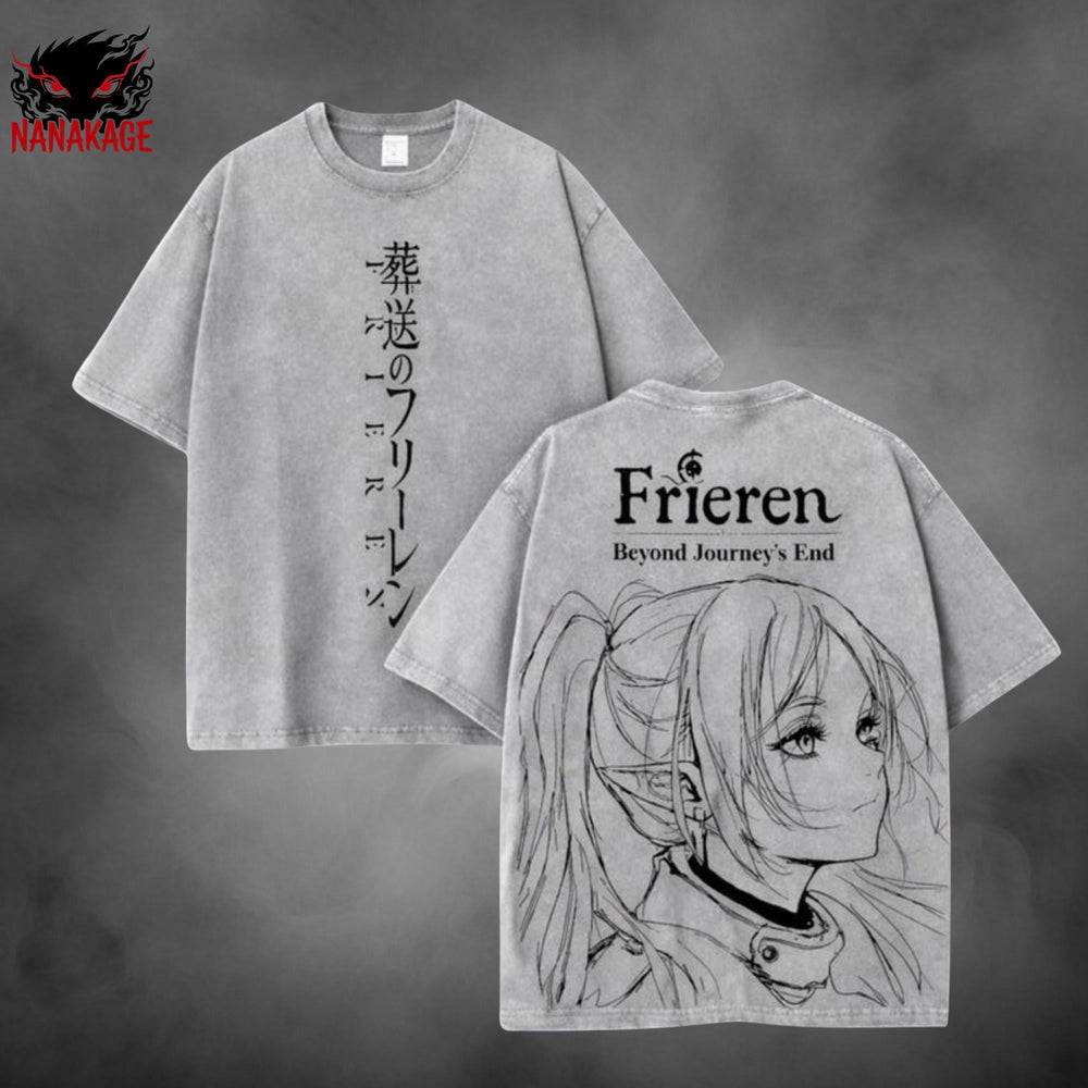 Black acid-wash oversized t-shirt with Frieren anime graphic print.