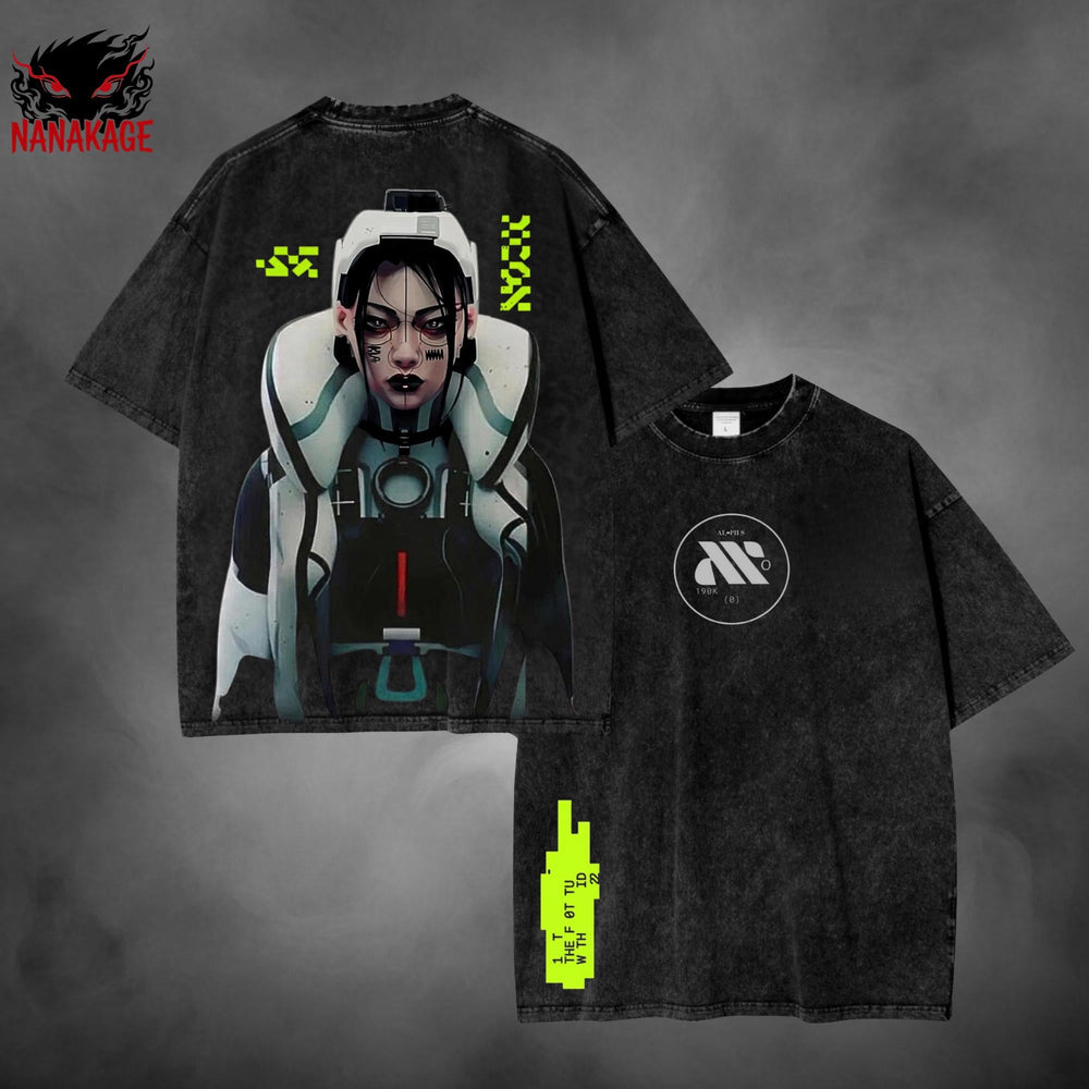 Black acid-wash oversized t-shirt with Marathon video game graphic print.