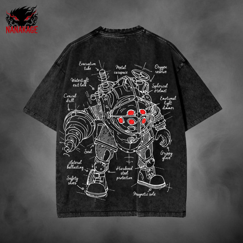 Black acid-wash oversized t-shirt with BioShock video game graphic print.