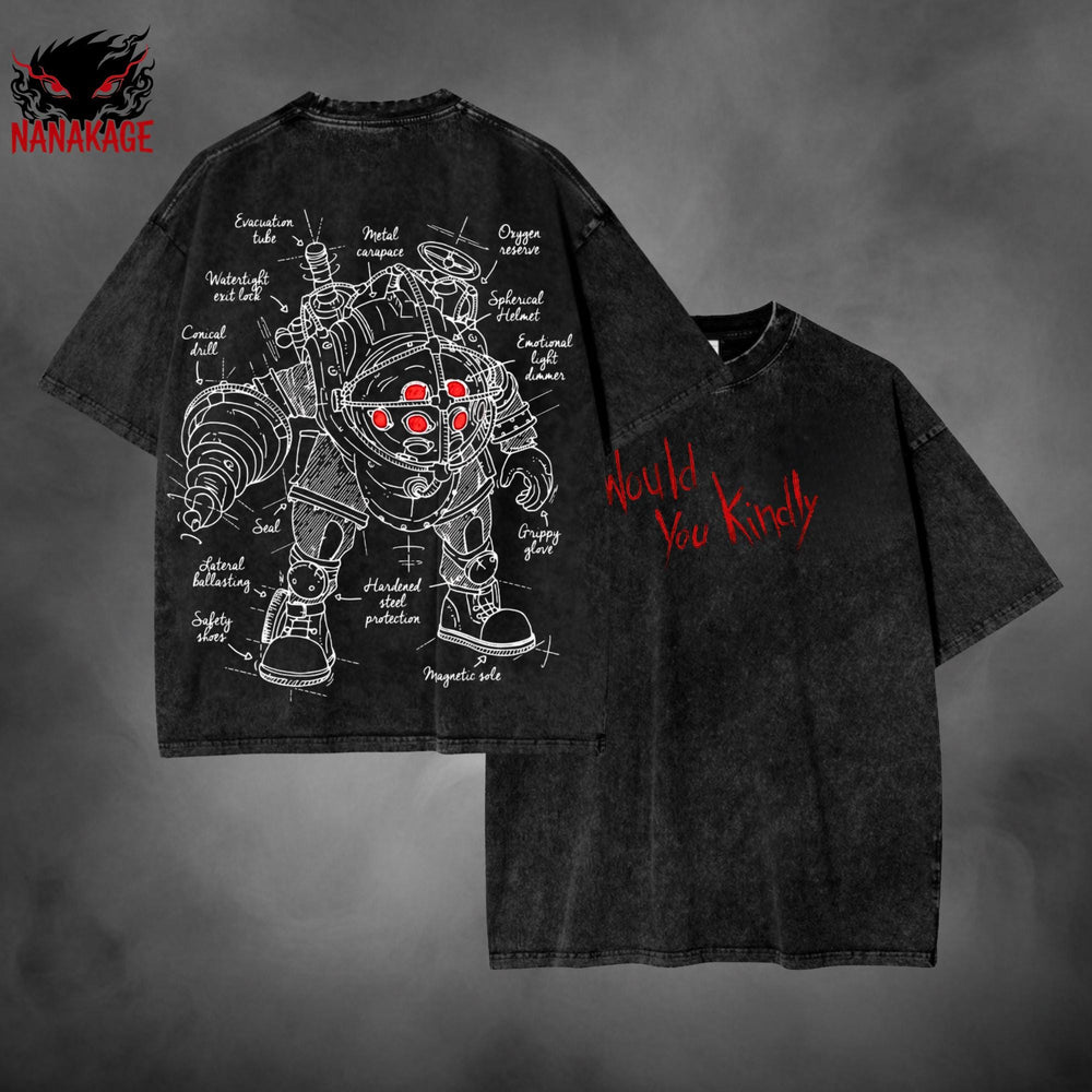 Black acid-wash oversized t-shirt with BioShock video game graphic print.