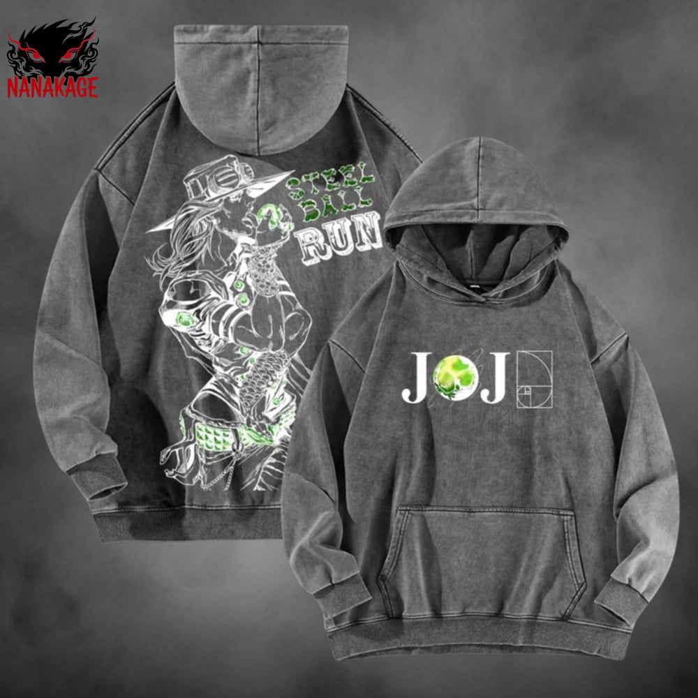 Black acid-wash oversized pullover hoodie with Gyro Zeppeli anime graphic print.