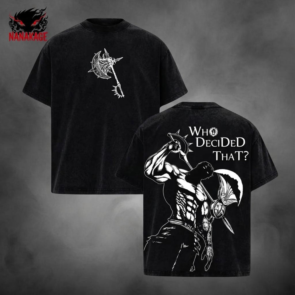 Acid-wash oversized t-shirt with Escanor anime graphic print.